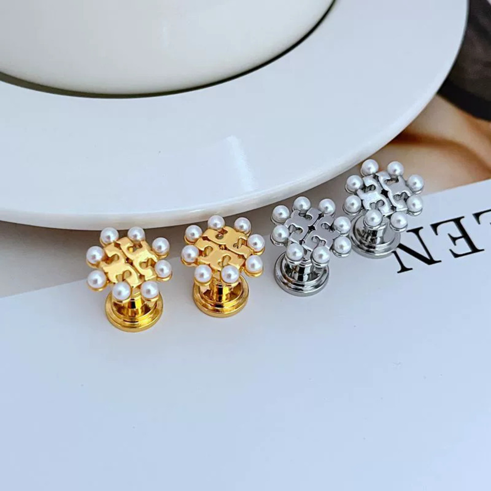 Tory Burch Rice Pearl Inlaid Hollow Letter Earrings